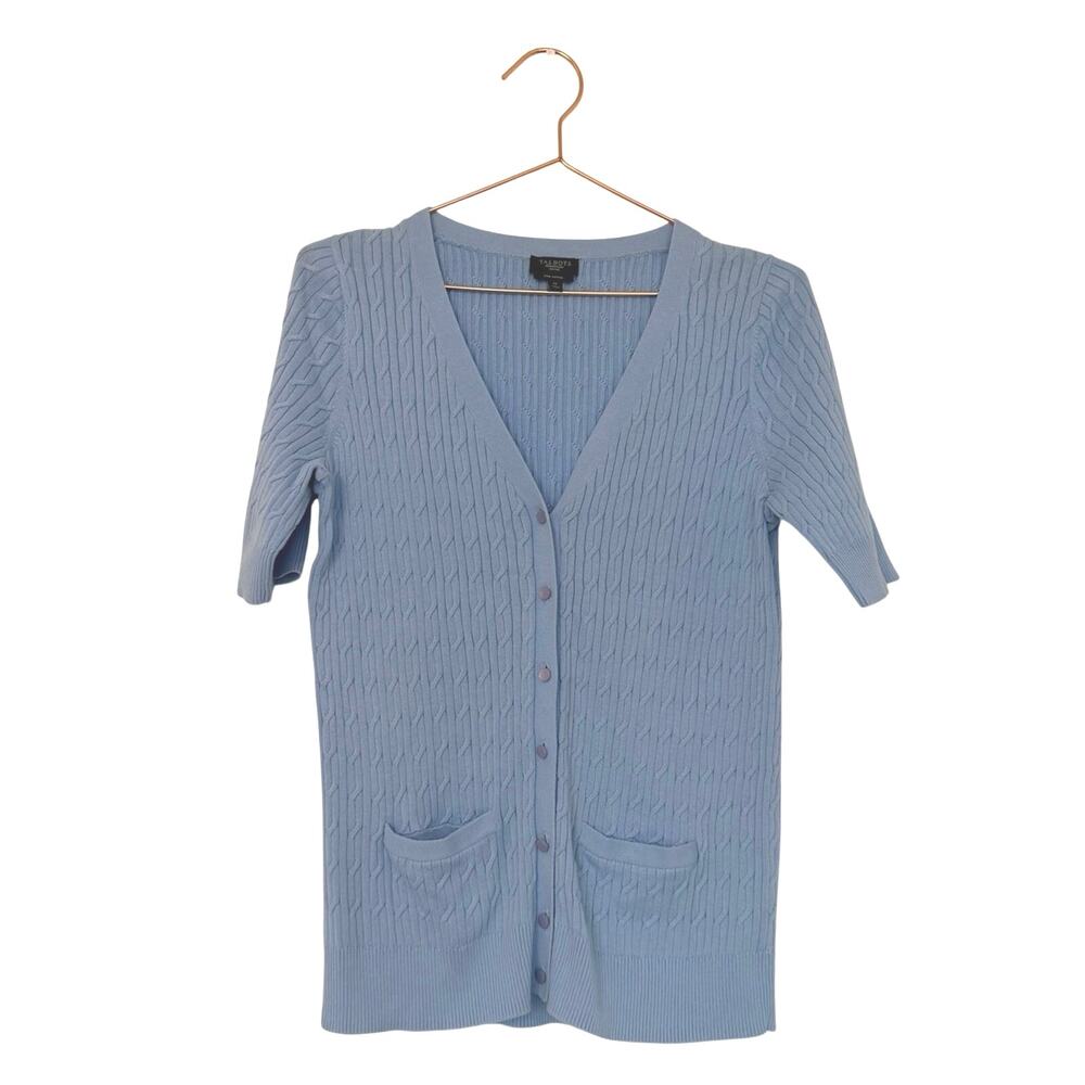 Talbots Light Blue Short-Sleeve Cable Knit Cardigan Pima cotton medium peti